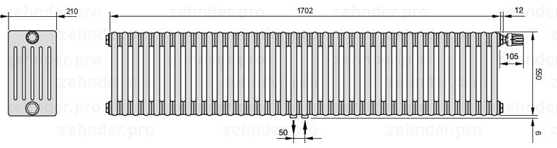 Схема (чертеж) Радиатор Zehnder Charleston 6055/37 №V008 Белый глянцевый RAL 9016
